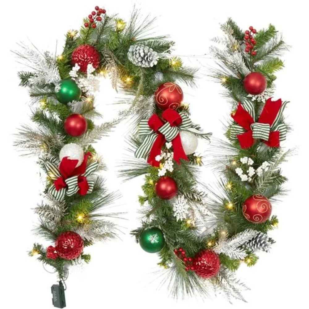 9ft Prelit Christmas Garland with 40 Light for Front Door, w/ Bow Christmas Ball